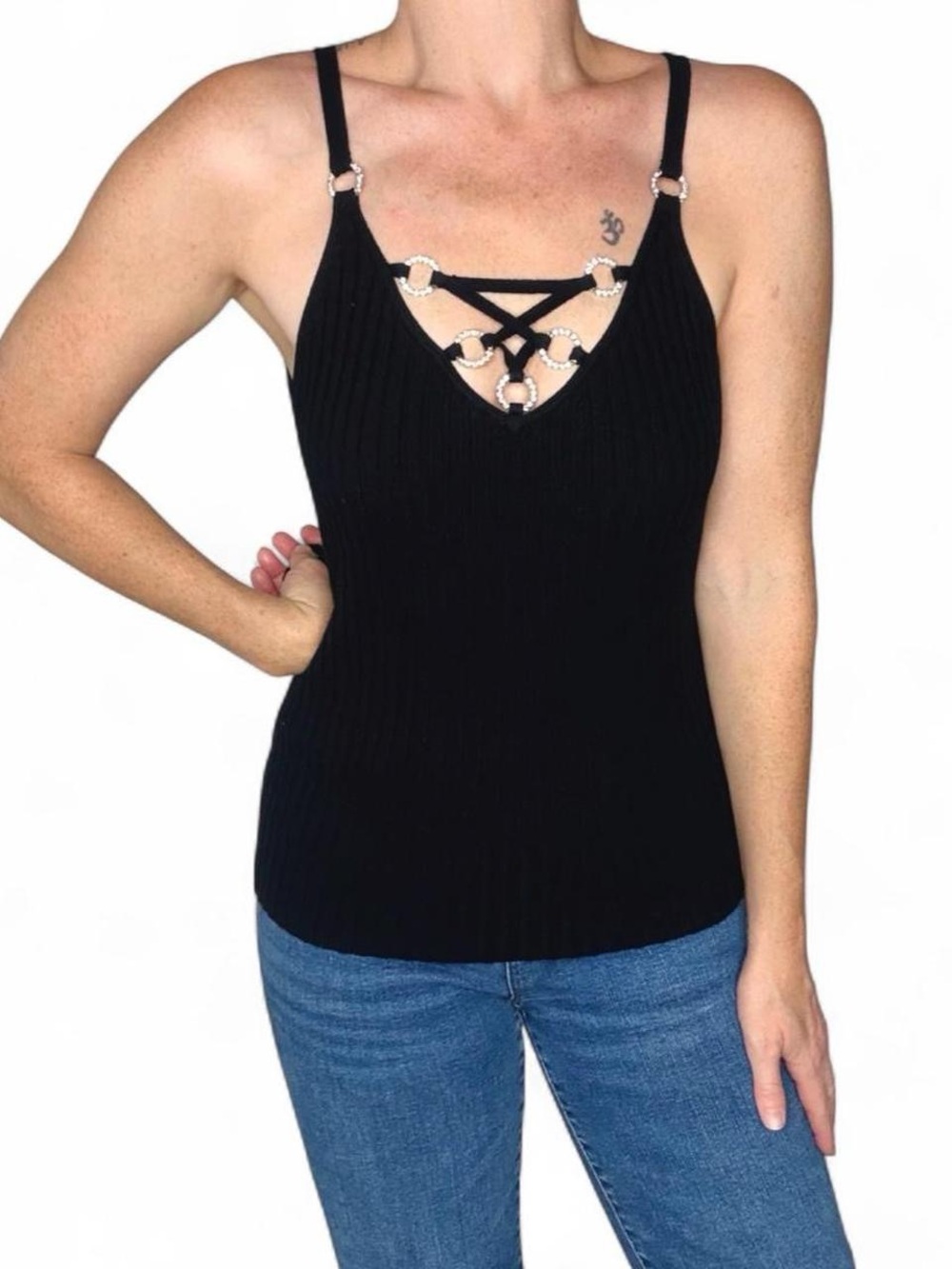 Vintage Belldini Black Ribbed Silver Sparkle Edgy Tank Top